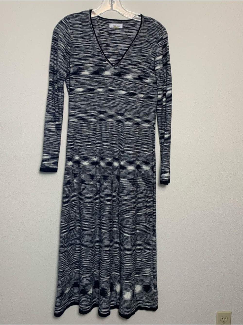 Calvin Klein Womens Black White Space Dye V-Neck Long Sleeve Knit Sweater Dress